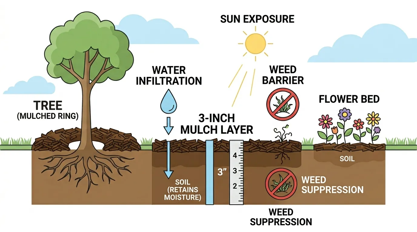 Info graphic showing how deep should mulch be - By Gen Lawn