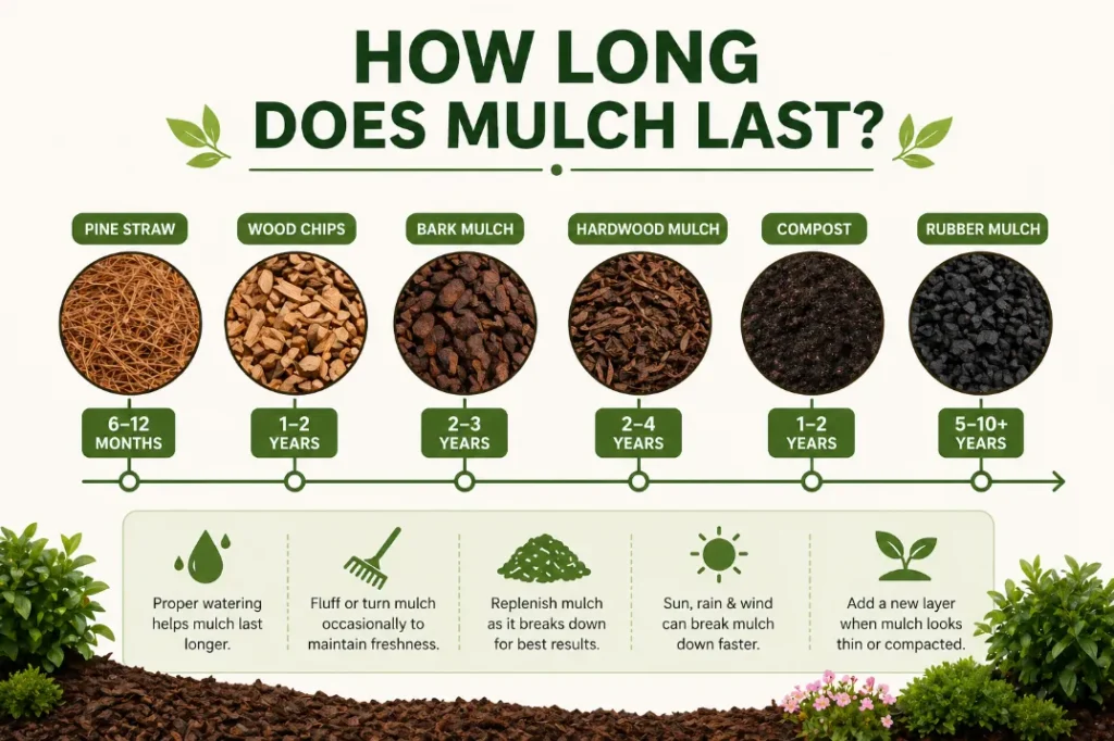 How Long Does Mulch Last info graphic showing every mulch type lasting time by Gen Lawn