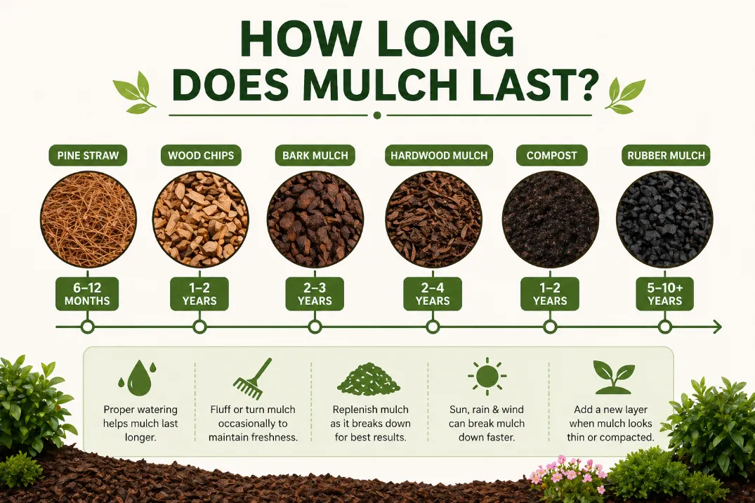 How Long Does Mulch Last info graphic showing every mulch type lasting time by Gen Lawn
