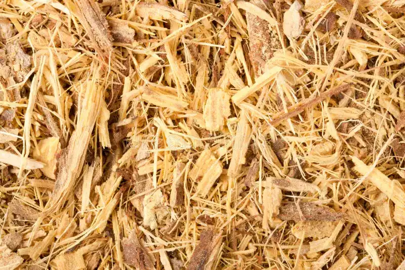 Licorice Root Mulch shown in the image. This Licorice mulch has a bright yellow color