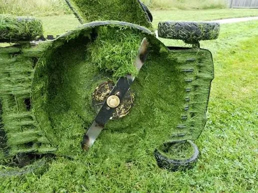damaged lawn mower with cutting wet grass
